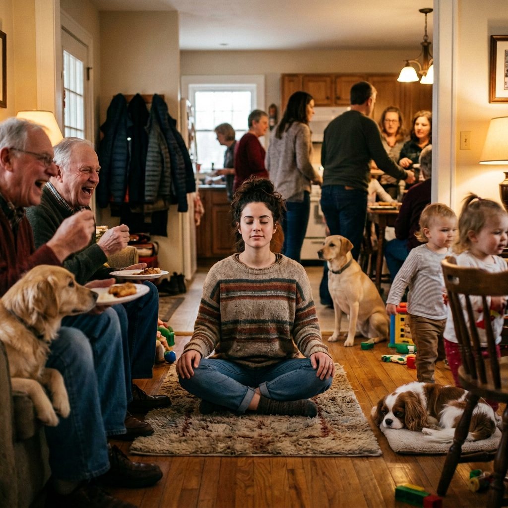 Woman meditating cross-legged amid a busy family gathering